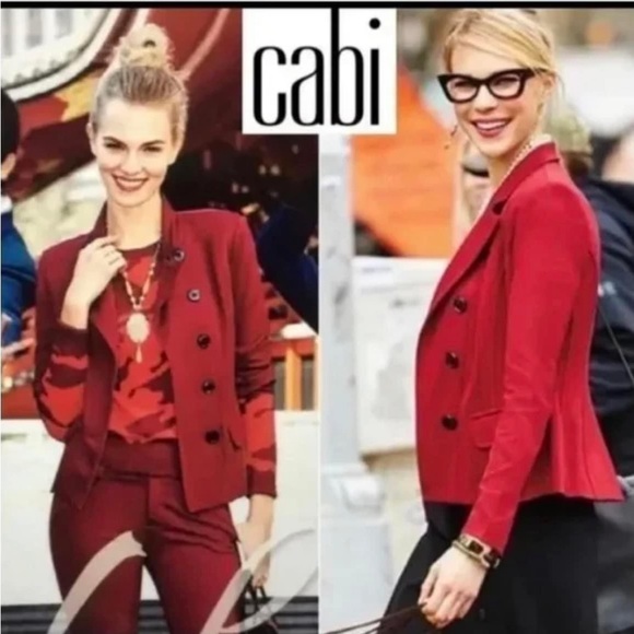 CAbi Rhubarb Red stretch Ponte Knit button up asymmetrical Ava Outing 4 - Picture 2 of 6